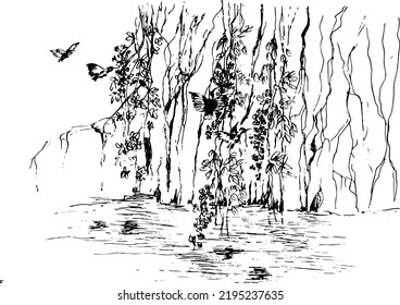 Beautiful hand drawn vector nature illustration with birds on main view isolated on white background. Using for travel and nature background 