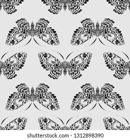 Beautiful hand drawn vector pattern illustration sketching of butterflies. Boho style drawing. Use for postcards, print for t-shirts, posters, wedding invitation, tissue, linens - Vector