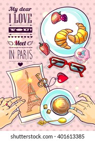 Beautiful hand drawn vector postcard breakfast in Paris