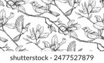 Beautiful hand drawn vector seamless pattern with black and white garden flowers birds. Endless background with spring garden plants.