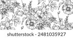 Beautiful hand drawn vector seamless pattern with black and white garden flowers birds, butterflies. Endless background with spring garden plants.