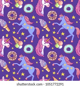 Beautiful hand drawn vector seamless pattern unicorn. Cartoon style. Good for baby clothes. 