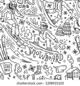 Beautiful hand drawn vector seamless pattern winter sport. Skiing and snowboarding. Doodle style drawing.