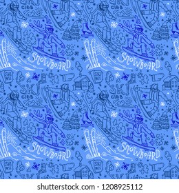 Beautiful hand drawn vector seamless pattern winter sport. Skiing and snowboarding. Doodle style drawing.