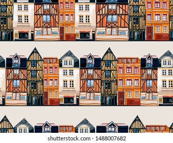 Beautiful hand drawn vector seamless pattern, border, illustration of old town, design for card, posters, textile prints, covers
