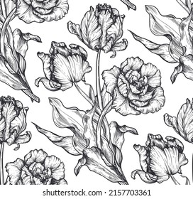 Hermoso vector dibujado a mano con patrones sin fisuras con flores de tulipán blanco y negro.