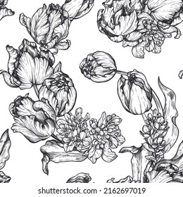 Beautiful hand drawn vector seamless patterns with black and white tulip flowers.