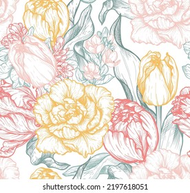 Belles motifs vectoriels harmonieux dessinés à la main, fleurs de tulipe à la palette douce