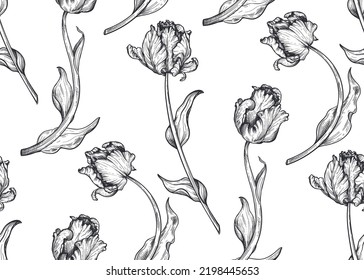 Beautiful hand drawn vector seamless patterns with black and white tulip flowers.