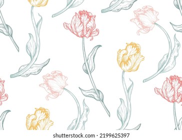Beautiful hand drawn vector seamless patterns with tulip flowers in gentle palette