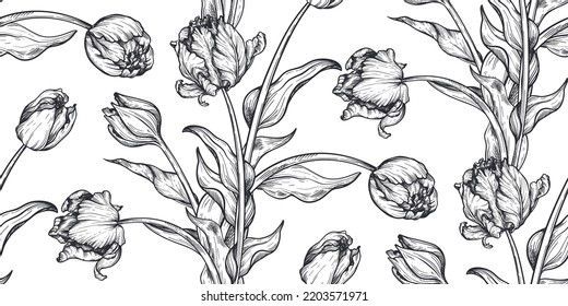 Beautiful hand drawn vector seamless patterns with black and white tulip flowers.