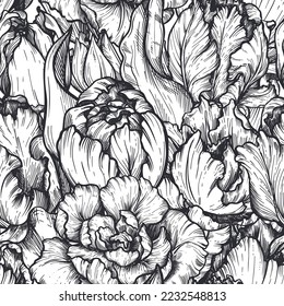Beautiful hand drawn vector seamless patterns with black and white tulip flowers.