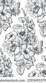 Beautiful hand drawn vector seamless pattern with black and white garden flowers, clematis, hydrangea, begonia. Endless background with blooming garden plants