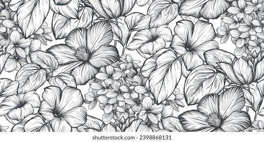 Beautiful hand drawn vector seamless pattern with black and white garden flowers, clematis, hydrangea, begonia. Endless background with blooming garden plants