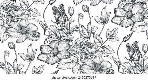 Beautiful hand drawn vector seamless pattern with black and white garden flowers, clematis, hydrangea, begonia. Endless background with blooming garden plants