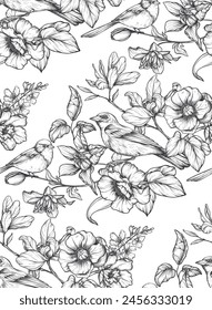 Beautiful hand drawn vector seamless pattern with black and white garden flowers birds. Endless background with spring garden plants.