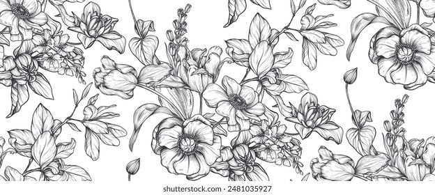 Beautiful hand drawn vector seamless pattern with black and white garden flowers birds, butterflies. Endless background with spring garden plants.