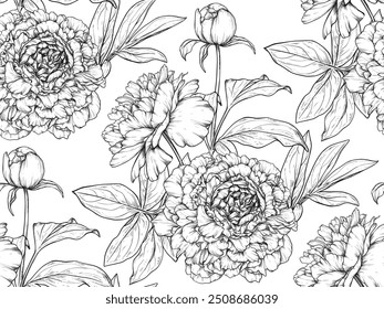 Beautiful hand drawn vector seamless pattern with black and white peonies. Endless background with summer garden plants.