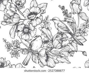 Beautiful hand drawn vector seamless pattern with black and white garden flowers birds. Endless background with spring garden plants.