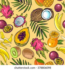 Beautiful hand drawn vector seamless pattern tropical fruits for your design