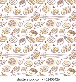 Beautiful hand drawn vector seamless pattern japanese food. Shushi.