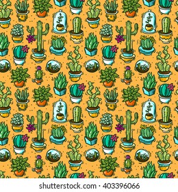 Beautiful hand drawn vector seamless pattern cacti and succulents. Doodle style