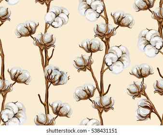 Beautiful hand drawn vector seamless pattern with cotton branch. Hand drawn boho chic style design elements. Perfect for wallpapers, web page backgrounds, surface textures, textile.