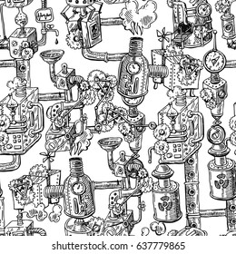 Beautiful hand drawn vector seamless pattern steampunk. Mechanical elements.