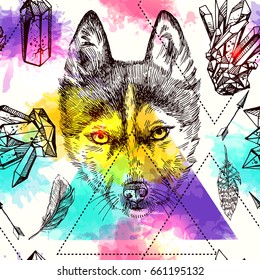 Beautiful hand drawn vector seamless pattern sketching of husky. Boho style drawing. Use for postcards, print for t-shirts, posters, tattoo, textile.