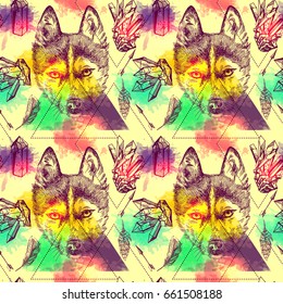 Beautiful hand drawn vector seamless pattern sketching of husky. Boho style drawing. Use for postcards, print for t-shirts, posters, tattoo, textile.