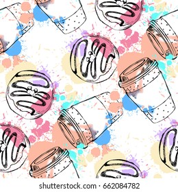 Beautiful hand drawn vector seamless pattern with coffee and donut.