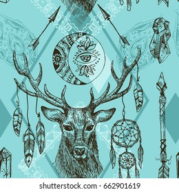 Beautiful hand drawn vector seamless pattern deer. Boho style drawing. Use for postcards, print for t-shirts, posters, tattoo, textile.