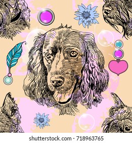 Beautiful hand drawn vector seamless pattern sketching of spaniel. Use for postcards, print for t-shirts, textile. Realistic animal portrait.