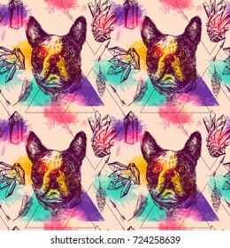 Beautiful hand drawn vector seamless pattern sketching of dog. Boho style drawing. Use for postcards, print for t-shirts, posters, tattoo, textile.