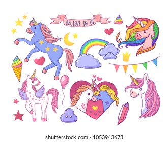 Beautiful hand drawn vector set of illustration unicorns. Cartoon style. Good for baby clothes.