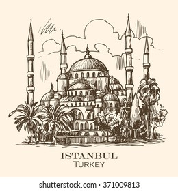 Beautiful hand drawn vector sketch illustration Istanbul blue mosque