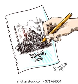 Beautiful hand drawn vector sketch illustration Istanbul blue mosque