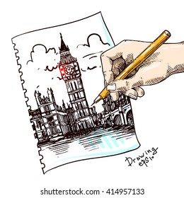 Beautiful hand drawn vector sketch illustration London. Engraving style. 