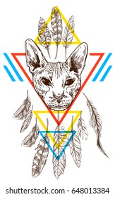 Beautiful hand drawn vector sketch portrait of bald cat. Tattoo style.