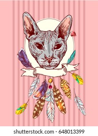 Beautiful hand drawn vector sketch portrait of bald cat. Tattoo style.