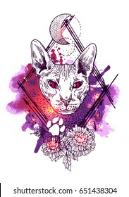 Beautiful hand drawn vector sketch portrait of bald cat. Tattoo style.