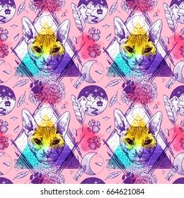 Beautiful hand drawn vector sketch portrait of bald cat. Tattoo style. Seamless pattern for textile.
