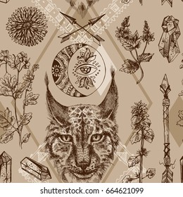 Beautiful hand drawn vector sketch portrait of lynx. Boho style. Seamless pattern for textile.