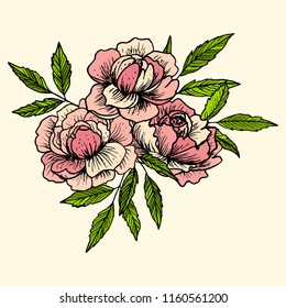 Beautiful hand drawn vector stylized peony flowers. Tattoo, t-shirt, print template. Garment floral ornament. Vector illustration.