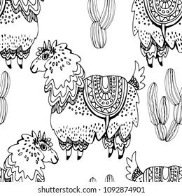 Beautiful hand drawn vector tile pattern of llama and cacti in monochrome. Simple sweet kids nursery illustration. Graphic design for apparel print.