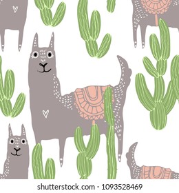 Beautiful hand drawn vector tile pattern of llama and cacti in scandinavian style. Simple sweet kids nursery illustration. Graphic design for apparel print.