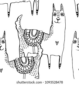 Beautiful hand drawn vector tile pattern of llama in monochrome. Simple sweet kids nursery illustration. Graphic design for apparel print.