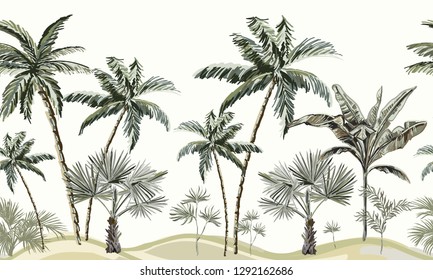 Beautiful hand drawn vector tropical vintage hawaiian palm trees, banana tree, plant floral seamless pattern white background. Exotic jungle wallpaper.