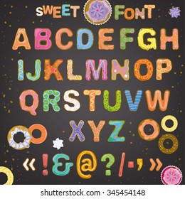 Beautiful Hand Drawn Vector Typeface In The Shape Of Freshly Baked Cakes With Multicolored Hard Sauce Decoration. Sweet Font For Creating Cute Postcards, Food Placards, Posters And Romantic Invitations.