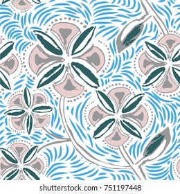 beautiful hand drawn vector, vintage style, seamless floral pattern with stylized flowers, dots, lines and leaves. great for tile, pottery works, packaging paper, wedding invitation card and etc.